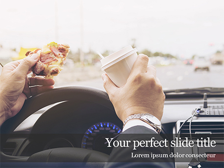 Man Drinking Coffee and Eating Sandwich while Driving a Car Presentation Presentation Template, Master Slide