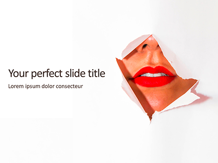 Ripped White Paper Showing Woman's Lips Presentation Template, Master Slide