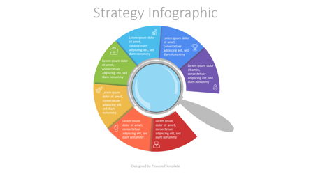 Magnifying Glass with 7 Circular Options Presentation Template, Master Slide