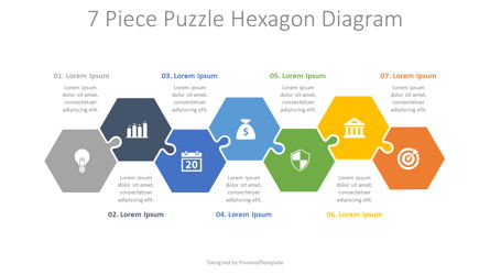 7 Piece Puzzle Hexagon Diagram Presentation Template, Master Slide
