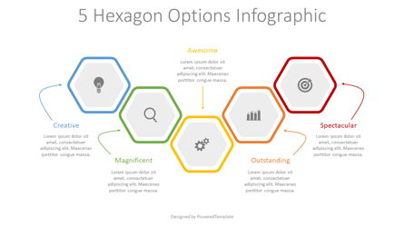 5 Colored Hexagon Options Presentation Template, Master Slide