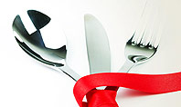 Fork Knife and Spoon Tied Up With Red Ribbon Presentation Template