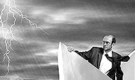 Lost Alone Businessman Sailing in Stormy Papers Sea Presentation Template