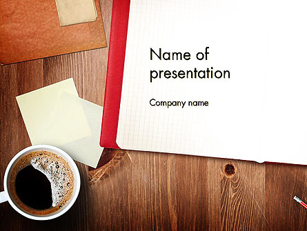 Open Notebook with Cup of Coffee on Wooden Desk Presentation Template, Master Slide
