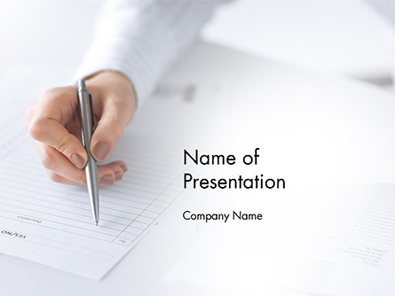 Woman Hand Filling in Document Presentation Template, Master Slide