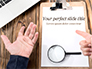 Notebook with Magnifying Glass on Wooden Workplace slide 1