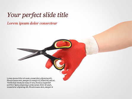 Hand In Glove Holding Scissors Presentation Template, Master Slide