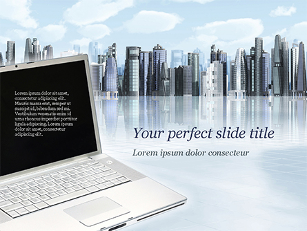 Laptop on Cityscape Background Presentation Template, Master Slide