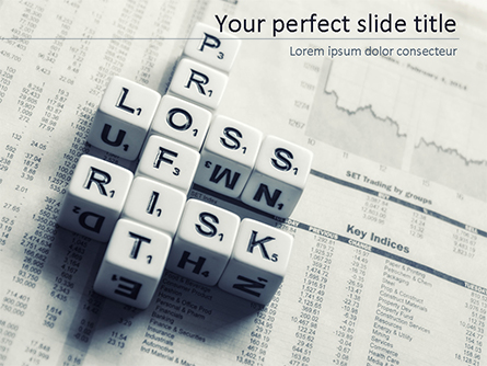 Profit Loss and Risk Crossword Blocks on Table Presentation Template, Master Slide