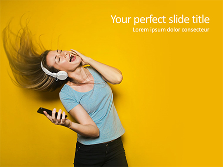 Happy Woman Listening Music in Headphones and Dancing Presentation Template, Master Slide