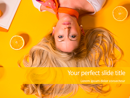 Portrait of Blonde Girl Lying on Yellow Background with Oranges Presentation Template, Master Slide