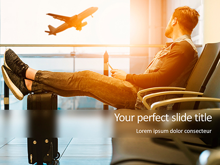 Man Sitting on Chair with Feet on Luggage and Looking at Airplane Presentation Presentation Template, Master Slide