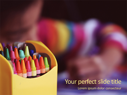 Crayons in Yellow Box Beside Child Presentation Presentation Template, Master Slide