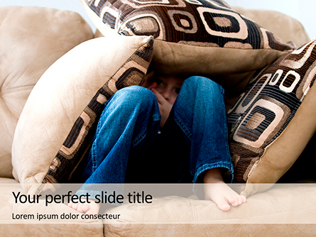 Bare Feet Boy Child Siting on Couch Under Pillows Presentation Presentation Template, Master Slide