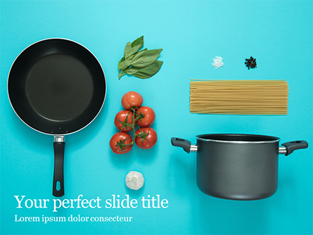 Cooking Pot and Frying Pan with Tomatoes Presentation Presentation Template, Master Slide