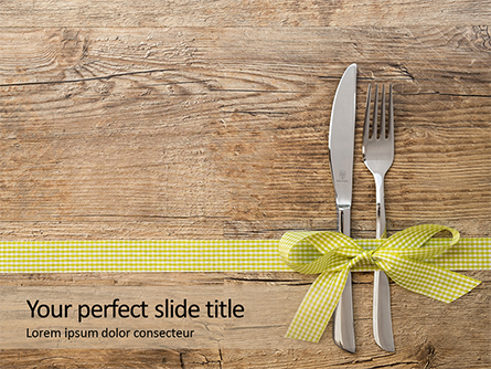Knife and Fork with Gift Ribbon on Wooden Surface Presentation Presentation Template, Master Slide