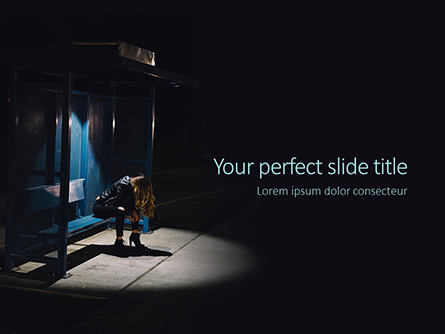 Woman Sitting on Bench at Bus Stop During Night Time Presentation Presentation Template, Master Slide