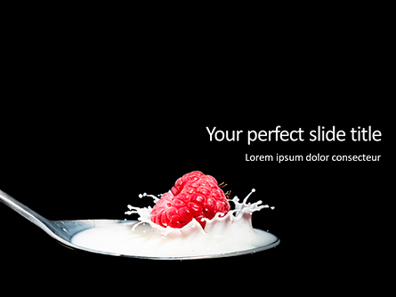 Raspberry and Milk Splashing on Spoon on Black Background Presentation Presentation Template, Master Slide