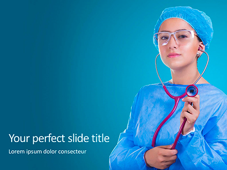 Cheerful Woman Physician in Blue Coat Against Turquoise Background Presentation Presentation Template, Master Slide