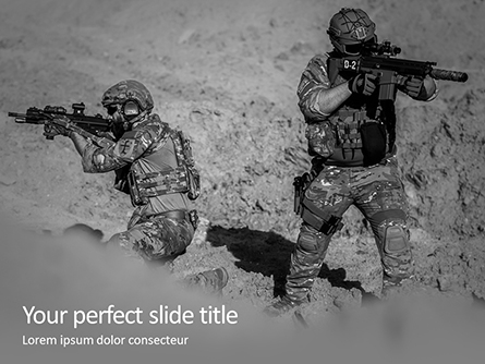 Two Men in Army Uniforms With Guns Presentation Presentation Template, Master Slide