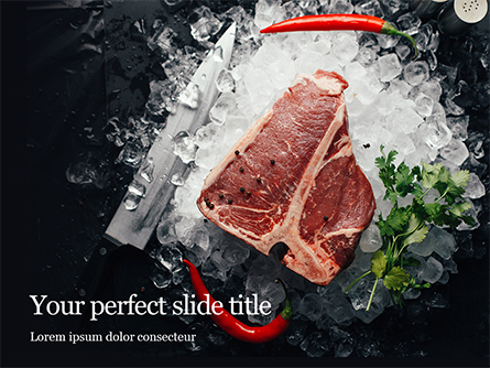 Raw Fresh Beef T-bone Steak and Seasoning on Ice Presentation Presentation Template, Master Slide