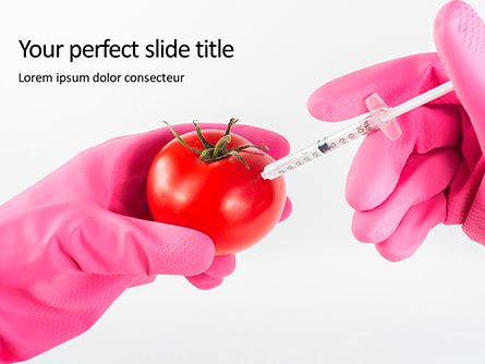 GMO Scientist Injecting Liquid from Syringe into Tomato Presentation Presentation Template, Master Slide
