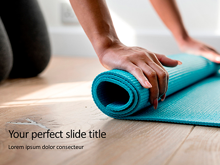 Young Yoga Woman Rolling Her Green Mat Presentation Presentation Template, Master Slide